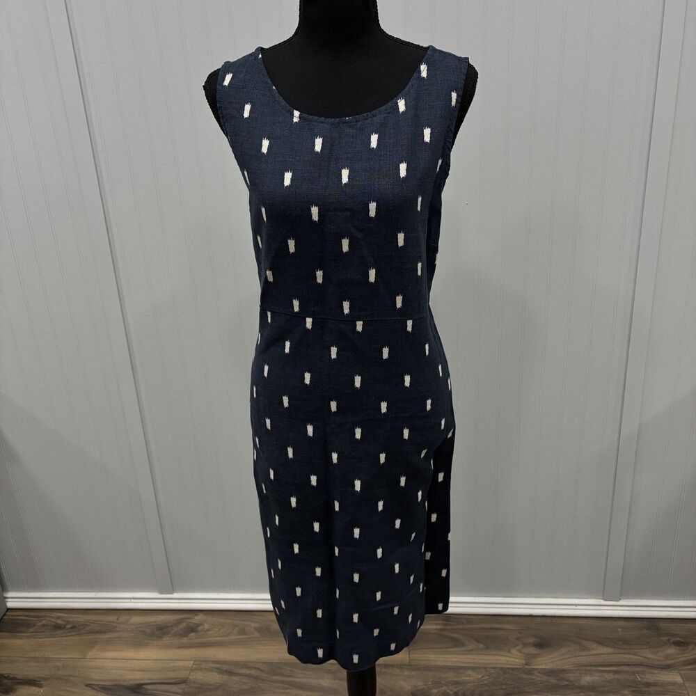 Garnet Hill Blue Linen Dress Womens Size 12 Sleeveless Midi Shift Dash Print